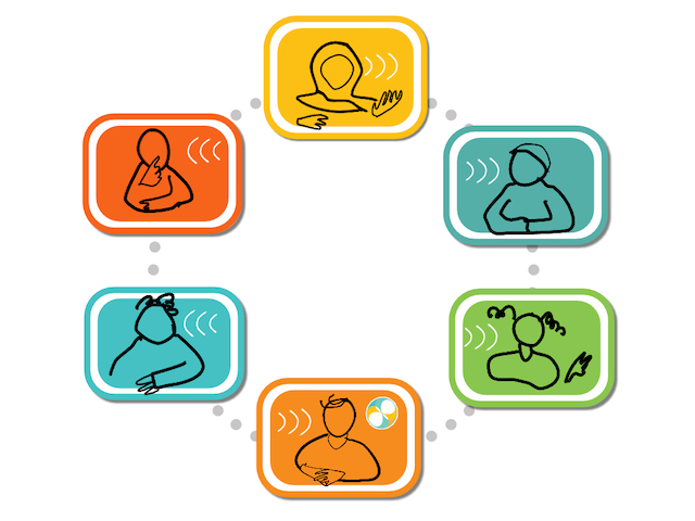 cf zoom call-color-askew individual line drawings of diverse human figures, each inside a frame of a different color arranged in a circle conveys a group of people learning together via an online video call.